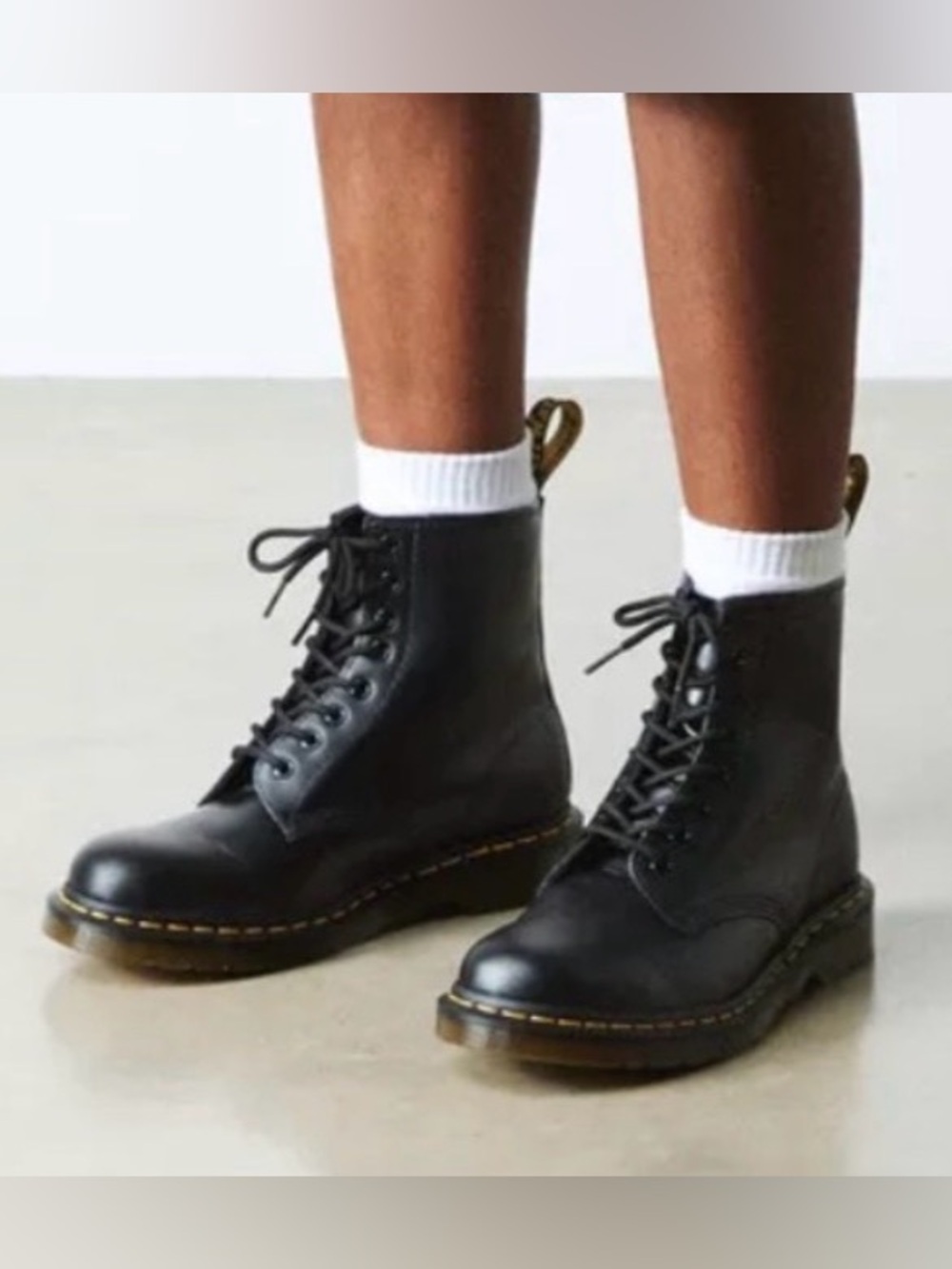 Dr. Martens Black 1460 Smooth Leather Lace Up Boots with Yellow Stitching